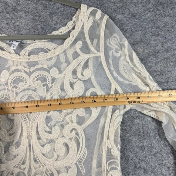 EXPRESS Cream Embroidered Mesh Y2K 2000s Cotton Babydoll Blouse Top Size Medium - Picture 8 of 13